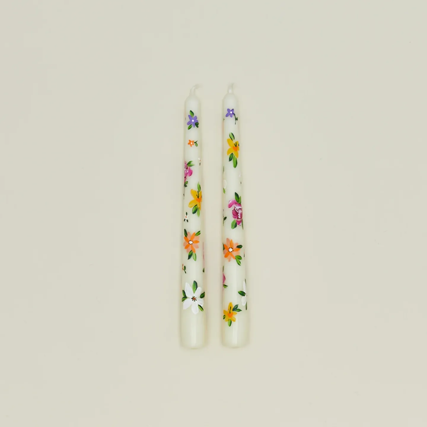 Ashley Myers Candles & Tapers^Floral Handpainted Taper Pair - White
