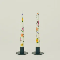 Ashley Myers Candles & Tapers^Floral Handpainted Taper Pair - White