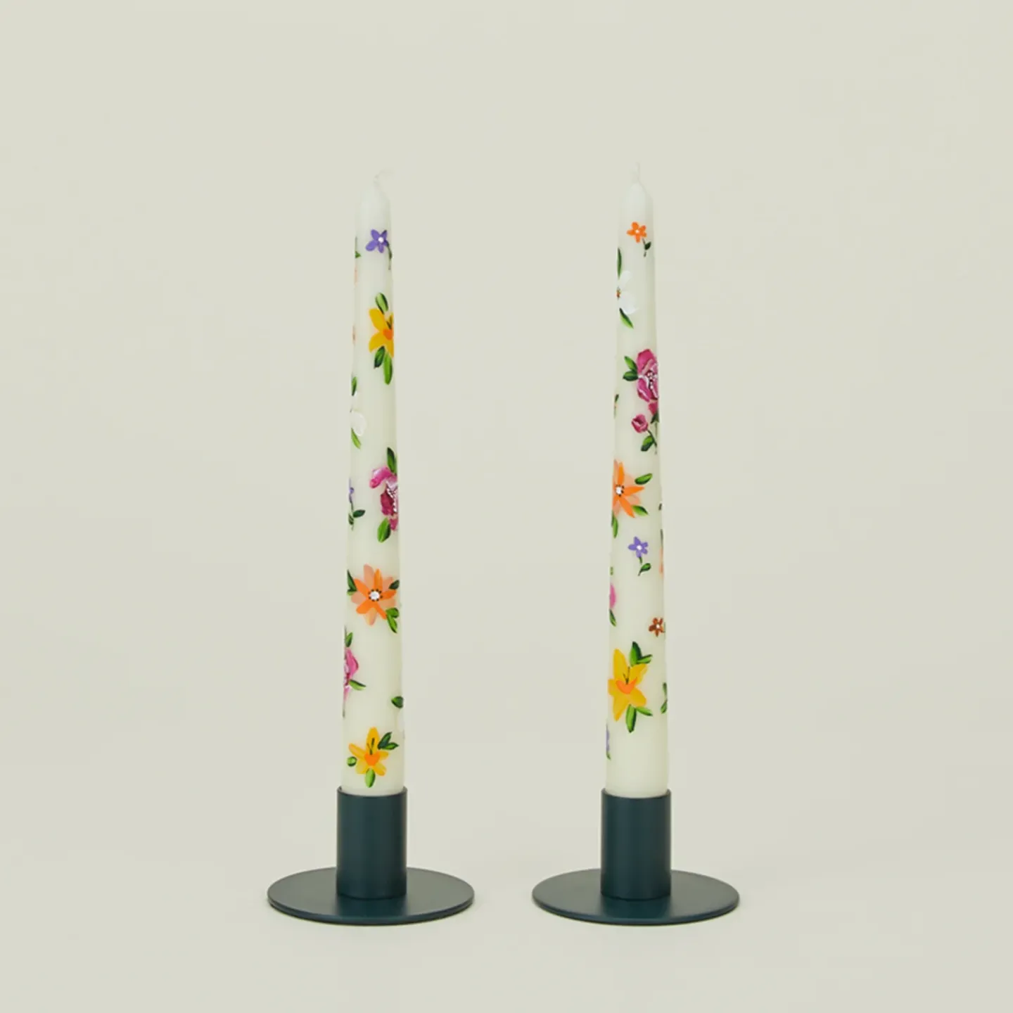 Ashley Myers Candles & Tapers^Floral Handpainted Taper Pair - White